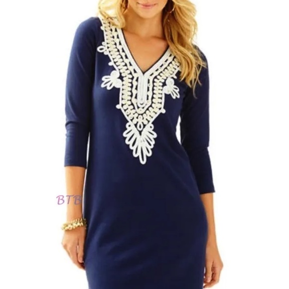 NWT 170.00 LILLY PULITZER CLARKSON V-NECK DRESS NAVY GOLD - Picture 2 of 10